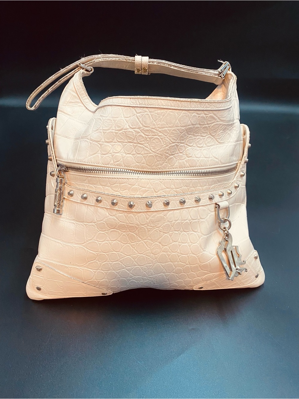 Croc-Embossed Cream Shoulder Hobo Bag with Stud and Zip Detail